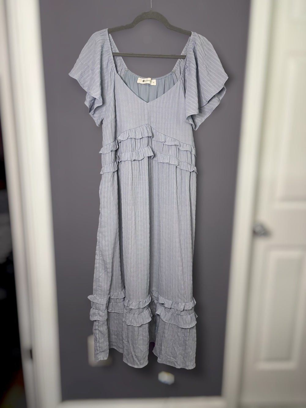 The Impeccable Pig Slate Blue Ruffle Flutter Sleeve Tiered Maxi Dress Small